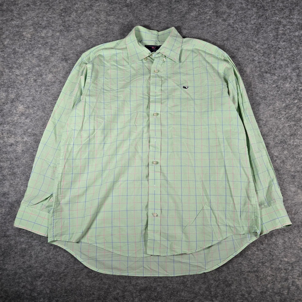 Vineyard Vines Mens Green Whale Shirt Tattersall Button Down Shirt Large